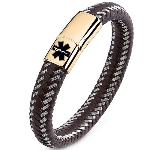 ***COI Titanium Black/Gold Tone Medical Alert Genuine Leather Bracelet With Steel Clasp(Length: 7.87 inches)-00006BB