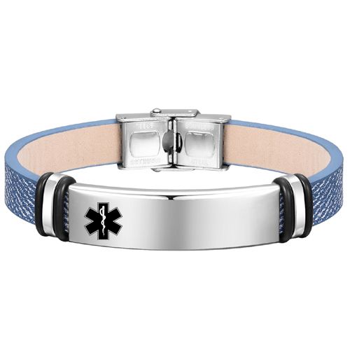 ***COI Titanium Black Silver Medical Alert Genuine Leather Bracelet With Steel Clasp(Length: 7.87 inches)-00019BB
