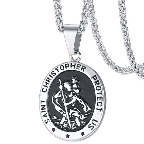 ***COI Titanium Black Silver Saint Christopher Protect Us Pendant-00024BB