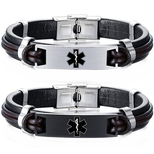 ***COI Titanium Black Silver Medical Alert Genuine Leather Bracelet With Steel Clasp(Length: 8.46 inches)-00028BB