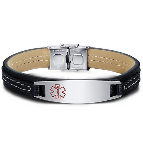 ***COI Titanium Medical Alert Genuine Leather Bracelet With Steel Clasp(Length: 8.27 inches)-00029BB