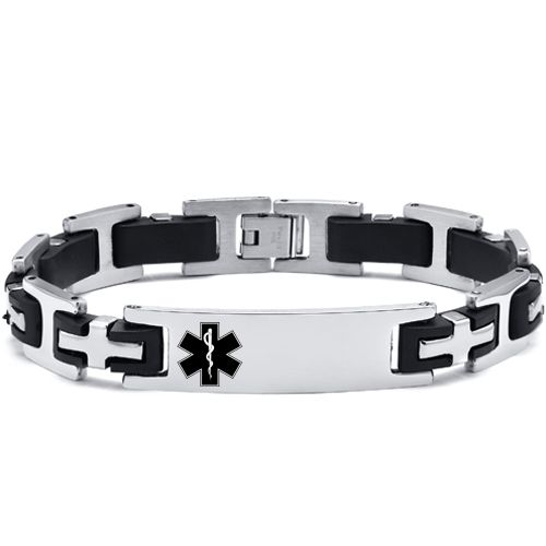 ***COI Titanium Black Silver Medical Alert Bracelet With Steel Clasp(Length: 8.46 inches)-00030BB