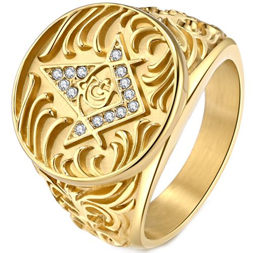 ***COI Gold Tone Titanium Masonic Freemason Ring With Cubic Zirconia-00040BB