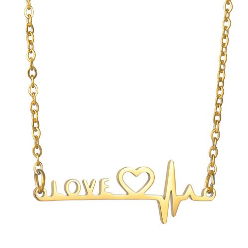 ***COI Titanium Gold Tone/Silver Heartbeat & Heart Love Necklace(Length: 17.71 inches)-00043BB