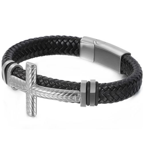 ***COI Titanium Black/Gold Tone/Silver Cross Genuine Leather Bracelet With Steel Clasp(Length: 8.46 inches)-00047BB