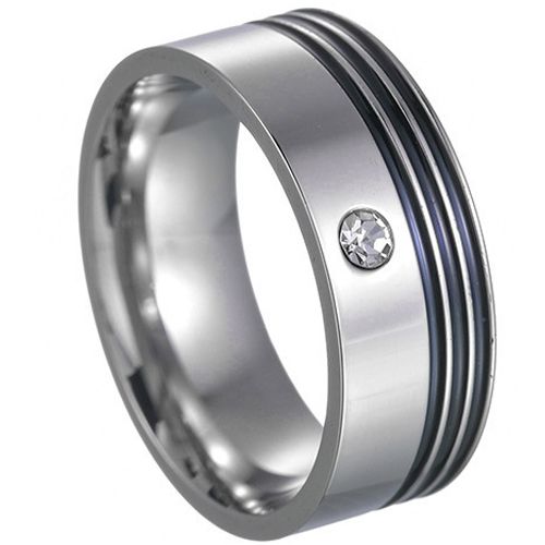 ***COI Titanium Black Silver Triple Grooves Ring With Cubic Zirconia-00052BB