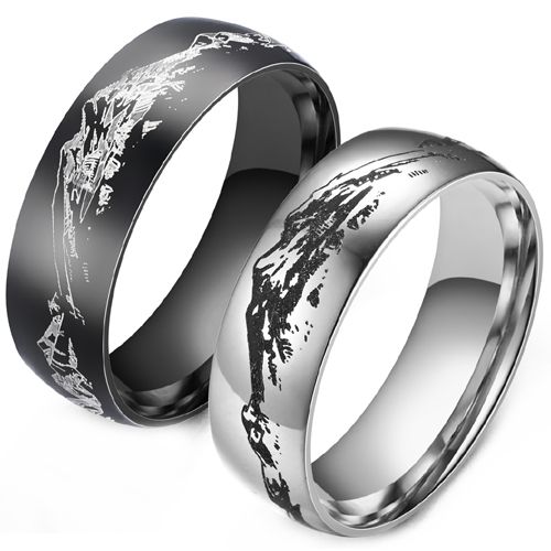 ***COI Titanium Black/Silver Mountain & Hill Dome Court Ring-00057BB