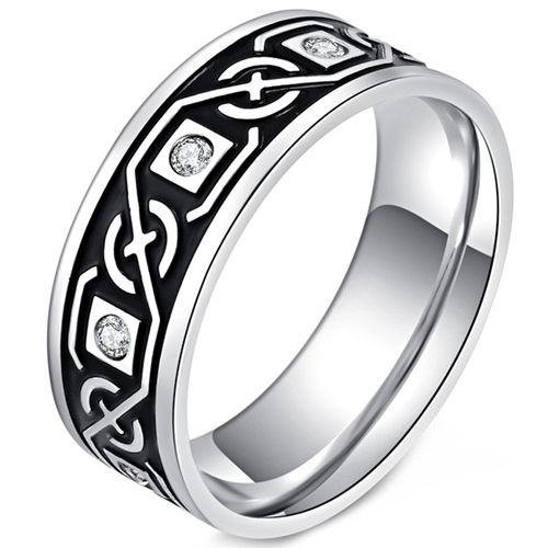 ***COI Titanium Black Silver/Black Celtic Ring With Cubic Zirconia-00064BB