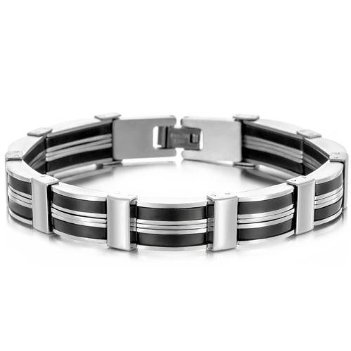***COI Titanium Black Silver Bracelet With Steel Clasp(Length: 8.46 inches)-00088BB
