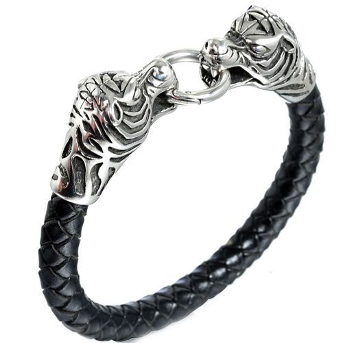 ***COI Titanium Tiger Head Genuine Leather Bracelet With Steel Clasp(Length: 8.27 inches)-00099BB