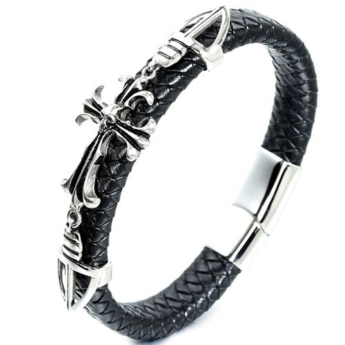 ***COI Titanium Cross Genuine Leather Bracelet With Steel Clasp(Length: 8.27 inches)-00100BB