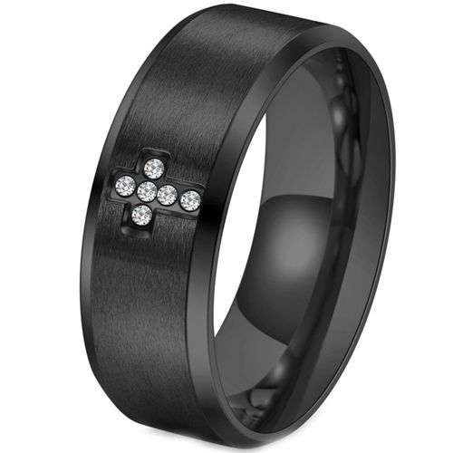***COI Titanium Black/Gold Tone/Silver Cross Beveled Edges Ring With Cubic Zirconia-00112BB
