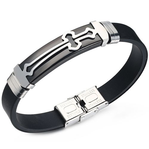 ***COI Titanium Black/Blue Silver Cross Rubber Bracelet With Steel Clasp(Length: 8.07 inches)-00148BB