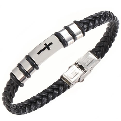 ***COI Titanium Cross Genuine Leather Bracelet With Steel Clasp(Length: 8.27 inches)-00149BB