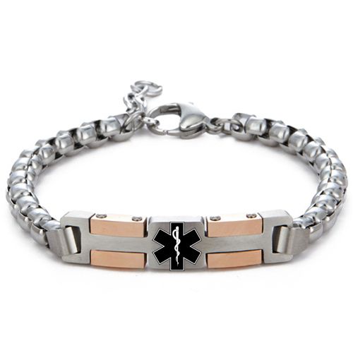 ***COI Titanium Black/Rose Silver Medical Alert Bracelet With Steel Clasp(Length: 7.87 inches)-00173BB