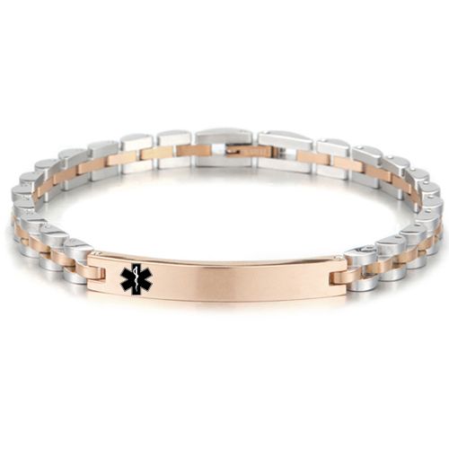 ***COI Titanium Black/Gold Tone/Rose Silver Medical Alert Genuine Leather Bracelet With Steel Clasp(Length: 7.87 inches)-00174BB