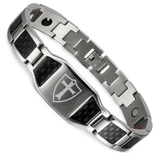 ***COI Titanium Black/Gold Tone/Silver Cross Carbon Fiber Bracelet With Steel Clasp(Length: 8.27 inches)-00177BB