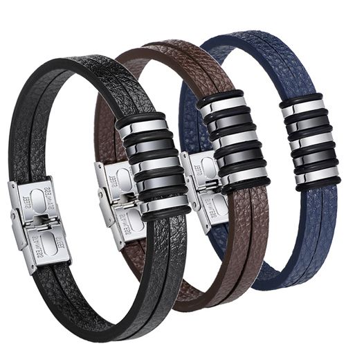 ***COI Titanium Black Silver Genuine Leather Bracelet With Steel Clasp(Length: 8.27 inches)-00181BB