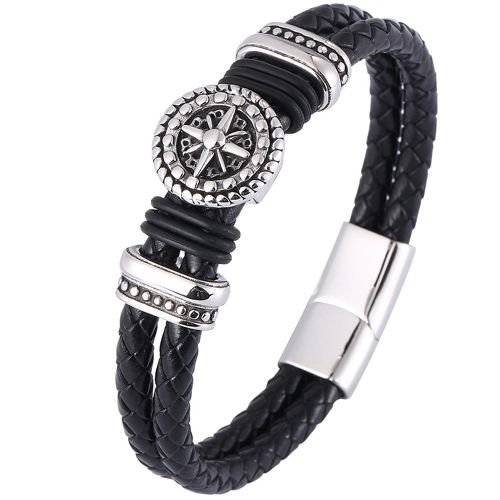 ***COI Titanium Black Silver Compass Genuine Leather Bracelet With Steel Clasp(Length: 8.07 inches)-00186BB