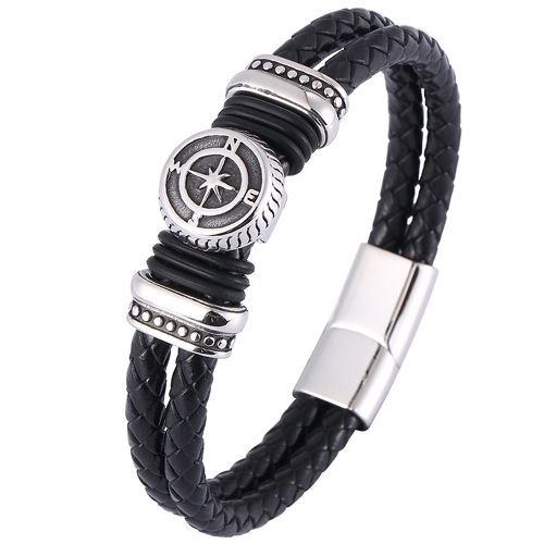 ***COI Titanium Compass Genuine Leather Bracelet With Steel Clasp(Length: 8.07 inches)-00187BB