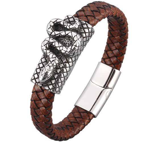 ***COI Titanium Black Silver Snake Genuine Leather Bracelet With Steel Clasp(Length: 8.46 inches)-00189BB
