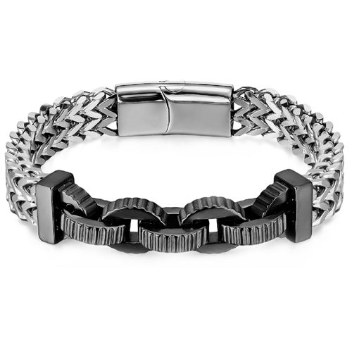 ***COI Titanium Silver/Black/Gold Tone Silver Keychain Link Bracelet With Steel Clasp(Length: 8.66 inches)-00199BB