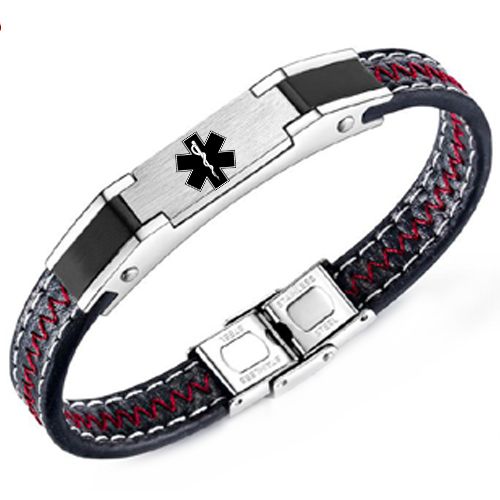 ***COI Titanium Black Silver Medical Alert Genuine Leather Bracelet With Steel Clasp(Length: 8.66 inches)-00209BB