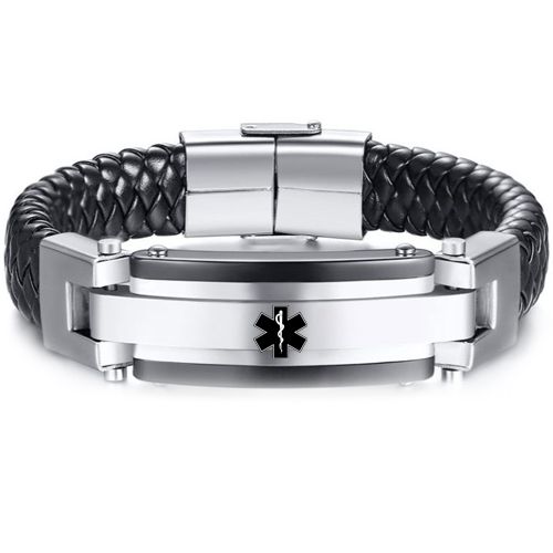 ***COI Titanium Black Silver Medical Alert Genuine Leather Bracelet With Steel Clasp(Length: 8.66 inches)-00235BB