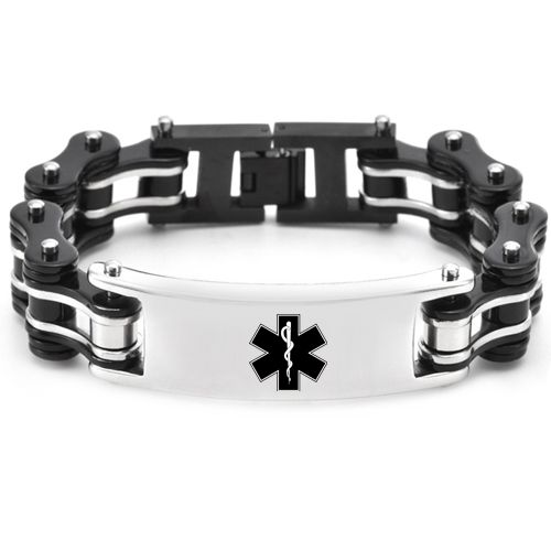 ***COI Titanium Black Silver Medical Alert Bracelet With Steel Clasp(Length: 8.85 inches)-00249BB