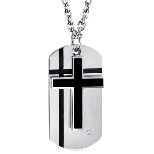 ***COI Titanium Black Silver Cross & Dog Tag Pendant With Cubic Zirconia-00313BB