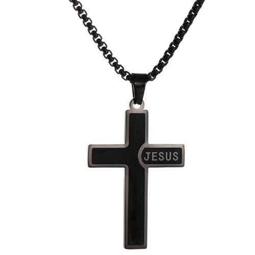 ***COI Titanium Black/Gold Tone/Silver Cross Jesus Pendant-00321BB