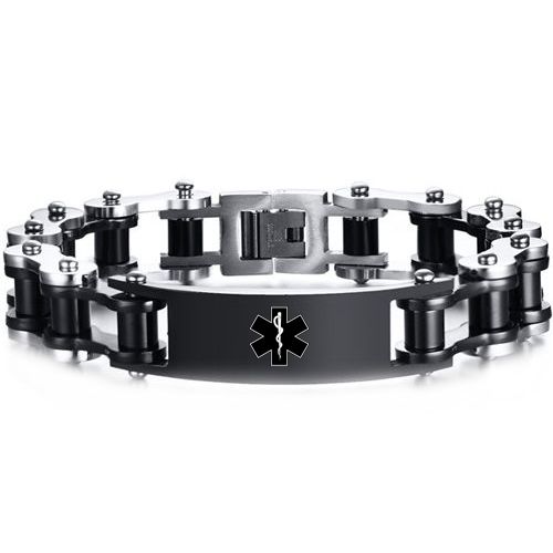 ***COI Black Silver Titanium Medical Alert Bracelet With Steel Clasp(Length: 9.25 inches)-00355BB
