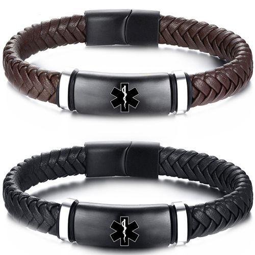 ***COI Black Silver Titanium Medical Alert Genuine Leather Bracelet With Steel Clasp(Length: 8.27 inches)-00356BB