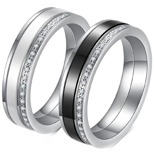***COI Titanium Black/White Ceramic Ring With Cubic Zirconia-00366BB