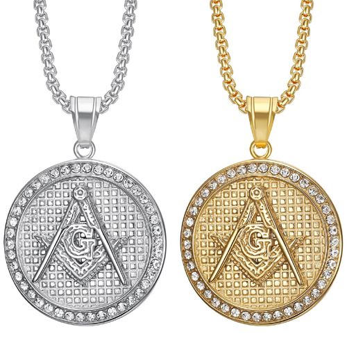 ***COI Titanium Gold Tone/Silver Masonic Freemason Pendant With Cubic Zirconia-00399BB