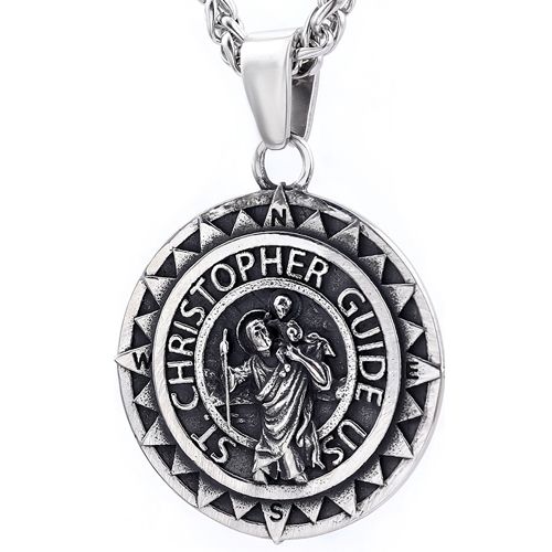 ***COI Titanium Black Silver St Christopher Guide Us Pendant-00428BB