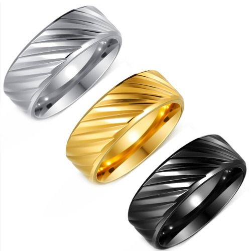 **COI Titanium Black/Gold Tone/Silver Diagonal Grooves Beveled Edges Ring-00447BB