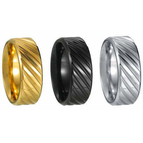 **COI Titanium Black/Gold Tone/Silver Diagonal Grooves Beveled Edges Ring-00447BB