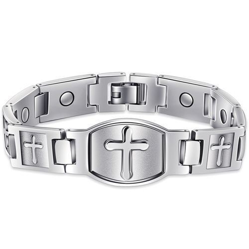 ***COI Titanium Black/Silver Cross Bracelet With Steel Clasp(Length: 8.66 inches)-00456BB