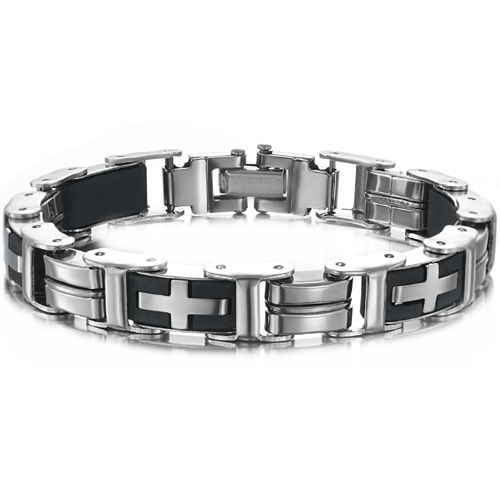 ***COI Titanium Black Silver Cross Bracelet With Steel Clasp(Length: 8.27 inches)-00458BB