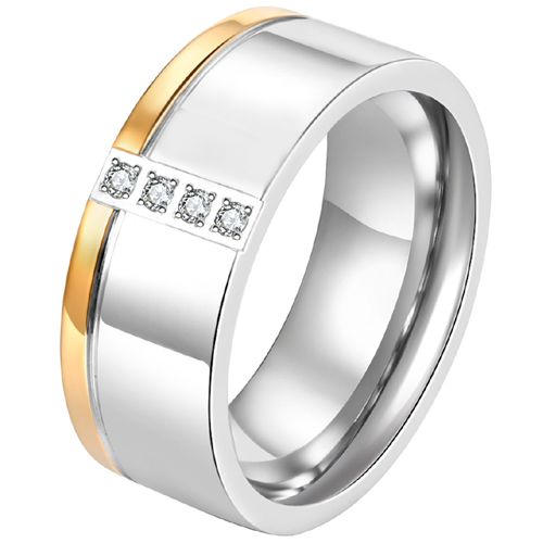 ***COI Titanium Gold Tone Silver Offset Groove Ring With Cubic Zirconia-00467BB