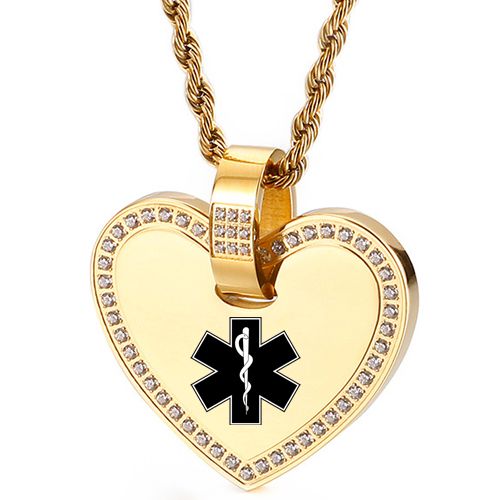 ***COI Titanium Gold Tone/Silver Medical Alert Heart Pendant With Cubic Zirconia-00486BB