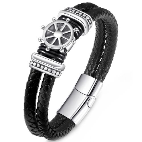 ***COI Titanium Ship's Steering Wheel Genuine Leather Bracelet With Steel Clasp(Length: 8.27 inches)-00533BB