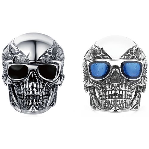 ***COI Titanium Black Silver Skull Ring With Created Blue Sapphire/Black Onyx-00568BB