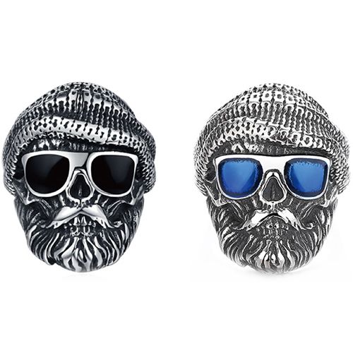 ***COI Titanium Black Silver Skull Ring With Created Blue Sapphire/Black Onyx-00569BB