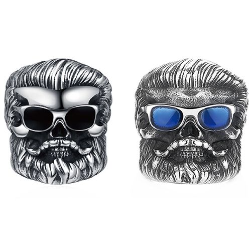***COI Titanium Black Silver Skull Ring With Created Blue Sapphire/Black Onyx-00570BB