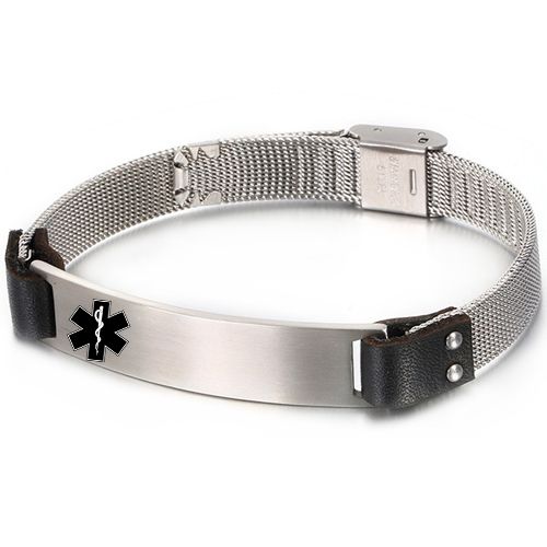 ***COI Titanium Black/Gold Tone/Silver Medical Alert Genuine Leather Bracelet With Steel Clasp(Length: 9.84 inches)-00579BB