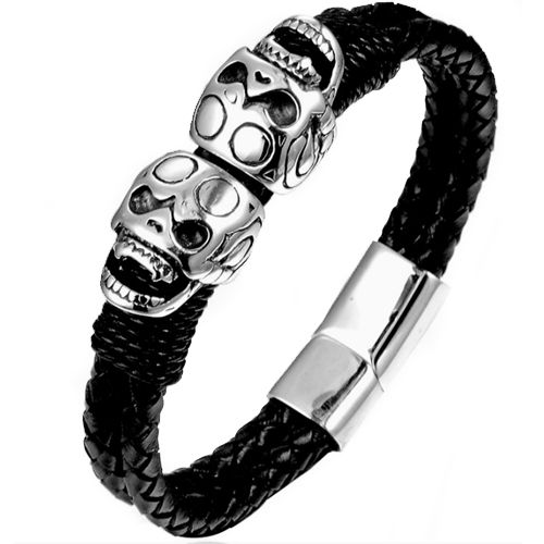 ***COI Titanium Black Silver Skull Genuine Leather Bracelet With Steel Clasp(Length: 8.07 inches)-00613BB
