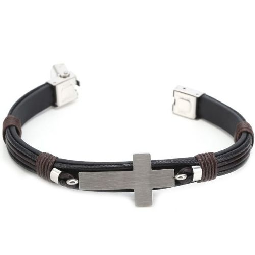 ***COI Titanium Cross Genuine Leather Bracelet With Steel Clasp(Length: 8.27 inches)-00616BB