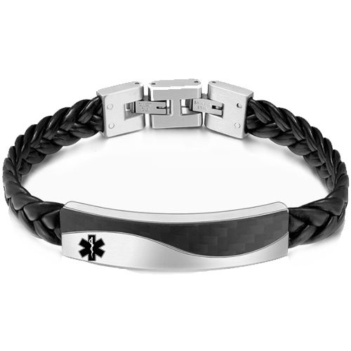 ***COI Titanium Medical Alert Carbon Fiber Genuine Leather Bracelet With Steel Clasp(Length: 8.27 inches)-00636BB